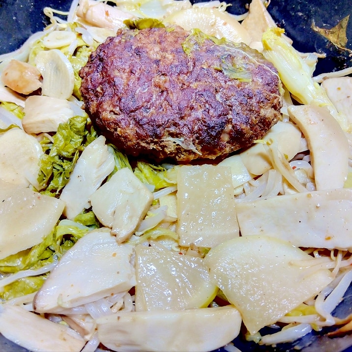 大根もやしエリンギ山東菜ハンバーグ蒸し煮